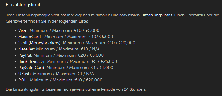 Einzahlungslimits Racebets Screenshot