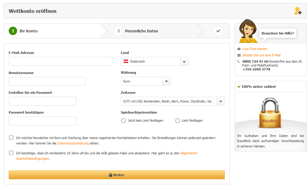 Registrierungsformular Racebets Pferdewetten